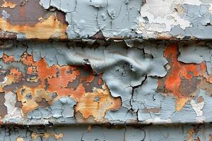 Weathered Peeling Paint on Rusty Iron Surface - Grunge Texture for Background or Design photo