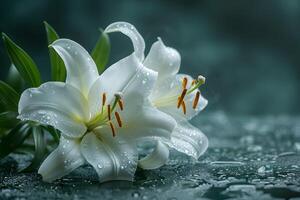 Elegant White Lilies with Dew Drops Captured on a Misty Morning Ideal for Nature Posters, Print Designs, and Floral Themes photo