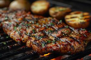 Grilled Barbeque Ribs and Vegetables on Charcoal Grill - Perfect for Summer Cookouts and Backyard Parties photo