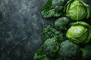Fresh Green Vegetables Arrangement with Broccoli and Cabbage on Dark Textured Background - Perfect for Healthy Eating Promotions photo