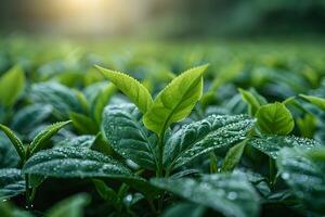Fresh Tea Leaves with Morning Dew and Sunlight - Perfect for Nature and Agriculture Themes photo