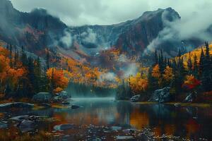 Autumn in Mountain Valley with Vibrant Foliage, Misty Lake, and Dramatic Cliffs Perfect for Posters, Prints, and Nature Designs photo