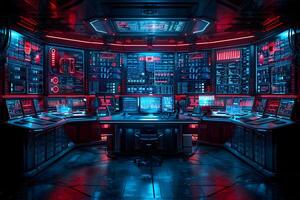 Futuristic Control Room with Advanced Technology Displays for Science Fiction Design Projects photo
