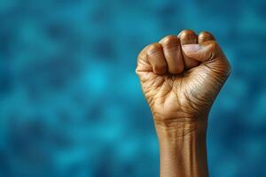 Power and Strength - Close-Up of a Raised Fist in Front of Blurred Blue Background - Symbol of Unity and Resilience photo