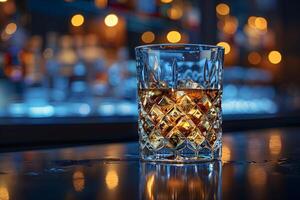 Elegant Whiskey Glass on Bar Counter with Background Bokeh Lights - High-Quality Stock Photo for Beverage Promotions