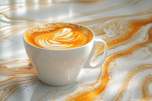 Artistic Latte in White Cup with Intricate Foam Design on a Swirled Coffee-Stained Surface for Beverage Ads and Creative Designs photo