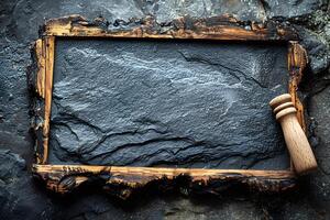 Rustic Wooden Frame with Slate Stone Surface - Ideal for Culinary Presentations and Food Photography photo