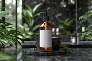 Luxury Skincare Product in Spa Setting with Amber Bottle on Marble Surface - Design for Print, Card, Poster photo