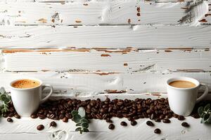Rustic Coffee Break Two Cups of Espresso with Beans on Weathered Wood Background for Cafes, Menus, and Print Designs photo