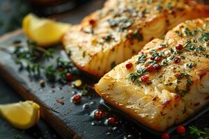 Grilled Cod Fillets with Herbs and Lemon on Rustic Dark Background - Perfect for Cookbooks or Culinary Blogs photo