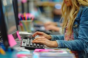 Workplace Productivity Hands Typing on Keyboard in a Busy Office Setting photo