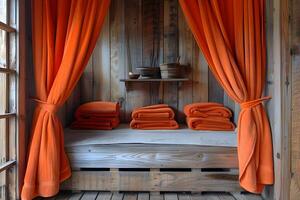 Cozy Wooden Spa Retreat with Orange Towels and Curtains - Perfect for Relaxation and Rejuvenation photo
