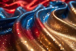 Glittering Abstract Fabric in Red, Blue, and Gold Tones for Festive Backgrounds and Design Projects photo