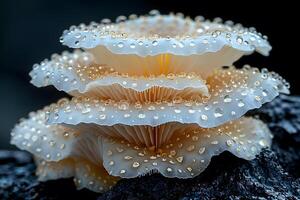 Close-Up of Dew-Covered Mushroom Layers on a Forest Log - Nature, Macro Photography, Biodiversity photo
