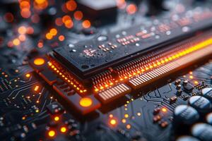 Close-Up of Illuminated Computer Circuit Board with Microchip for Technology Concepts and Electronic Design photo