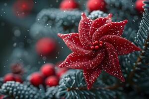 Christmas Holiday Poinsettia Flower with Snowflakes on Pine Tree Branch - Festive Winter Scene photo