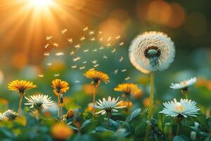 Spring Nature Scene with Dandelions and Daisies in Evening Sunlight - Ideal for Poster, Card, or Print Design photo