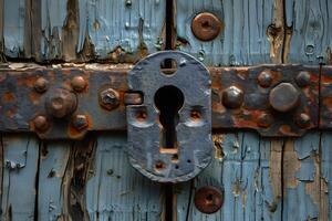 Weathered Wooden Door with Rusty Lock Close-Up - Antique, Rustic, Textured Background for Design photo