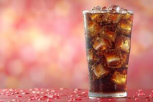 Refreshing Glass of Cold Cola with Ice Cubes on Abstract Pink Bokeh Background - Beverage Photography for Advertising and Menu Design photo