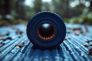 Rolled Yoga Mat on Outdoor Mat in Forest Setting for Fitness, Relaxation, and Meditation photo