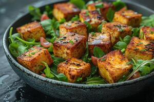 Grilled Paneer Salad with Fresh Arugula and Cherry Tomatoes Healthy Vegetarian Meal for Nutrition, Menu Design, or Food Blog photo