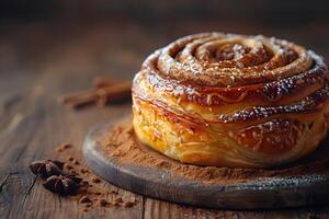 Delicious Cinnamon Roll with Sugar Glaze on Rustic Wooden Table - Perfect for Food Blogs and Bakery Design photo