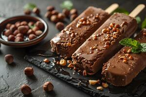 Delicious Chocolate Ice Cream Bars with Hazelnuts on Dark Background - Food Photography for Dessert Concepts photo