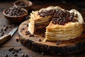 Delicious Stack of Pancakes Topped with Chocolate Chips for a Rustic Breakfast Setting photo