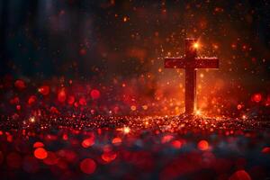 Glowing Cross with Sparkling Red Bokeh for Christmas and Easter Religious Designs photo