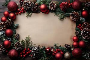 Festive Christmas Wreath Border with Red Baubles, Pine Cones, and Holly Berries on Wooden Background - Holiday Card Design photo