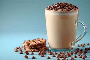 Warm Latte with Chocolate Chips and Cookies on Blue Background - Perfect for Coffee and Dessert Themes in Poster or Print Design photo