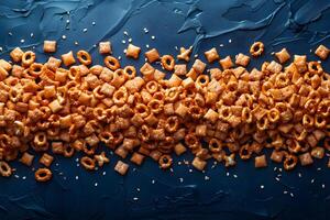 Mix of Salted Pretzels and Crispy Crackers Spread on Textured Blue Background - Snack Food Concept for Print or Poster Design photo