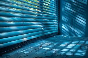 Abstract Shadows Through Window Blinds on a Blue Textured Surface Artistic Lighting Design for Modern Interiors photo