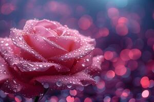 Elegant Pink Rose with Dewdrops and Bokeh Lights Perfect for Greeting Cards, Posters, and Print photo