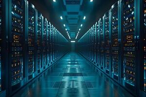 Modern Data Center Server Room Corridor - Technology and Network Infrastructure photo
