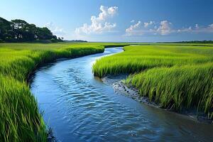 Tranquil Coastal Landscape with Lush Green Marshland and Serene River Bend photo