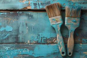 Two Worn Paintbrushes on Distressed Blue Wooden Surface - Rustic Artistic Concept photo