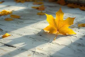 Autumn Leaves on a Sunlit Wooden Surface - Nature s Seasonal Change for Design and Prints photo