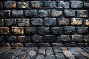 Old Weathered Brick Wall and Floor with Dark Rustic Stones for Vintage Design photo