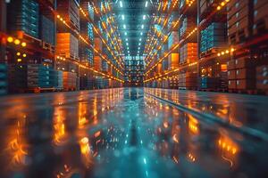 Modern Warehouse with Automated Storage Systems and Illuminated Shelves for Efficient Logistics Management photo