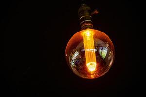 Close-Up of a Vintage Edison Light Bulb Glowing in the Dark with Warm Orange Light photo