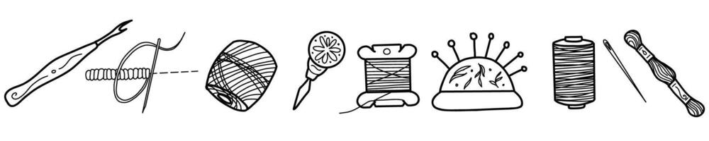 Set of Needlework, Sewing or Embroidery Tools. Threads Spools, Needle, Seam Ripper and Needle Threader. Pad with pins and mulin floss. Hand drawn Illustration in Doodle Style. Vintage Line art. vector