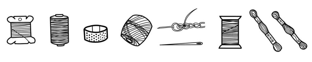 Sewing Set of different Threads Spools, Needles with Stitches and Thimble. Hand drawn illustration of Accessories for Stitching. Tools for seamstress, handicraft in doodle style vector