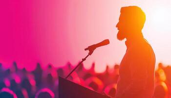 Silhouette of Leader Speaking at Podium with Abstract Audience, Leadership Communication. Illustration photo