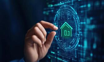 Hand interacting with a digital home icon on a futuristic screen, representing smart home technology and innovation. photo