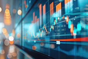 Digital Screen with Bar Graph and City Skyline, Business Growth Metrics. Illustration photo