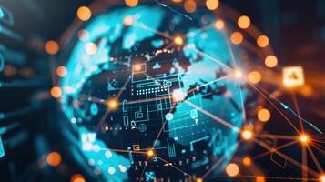 Digital globe with interconnected business icons, network, global business expansion. Illustration photo