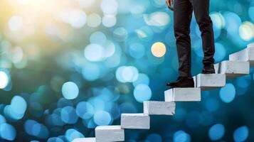 CEO standing at the top of a staircase with each step labeled with growth stages, leadership, strategic growth. Illustration photo