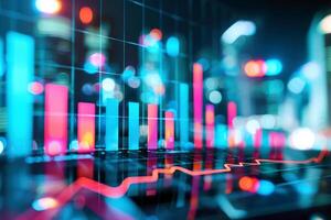 Digital Screen with Bar Graph, City Skyline, Analytics, Business Growth Metrics. Illustration photo