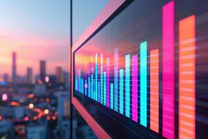 Digital Screen Showing Bar Graph with Increasing Bars and City Skyline, Business Growth. Illustration photo